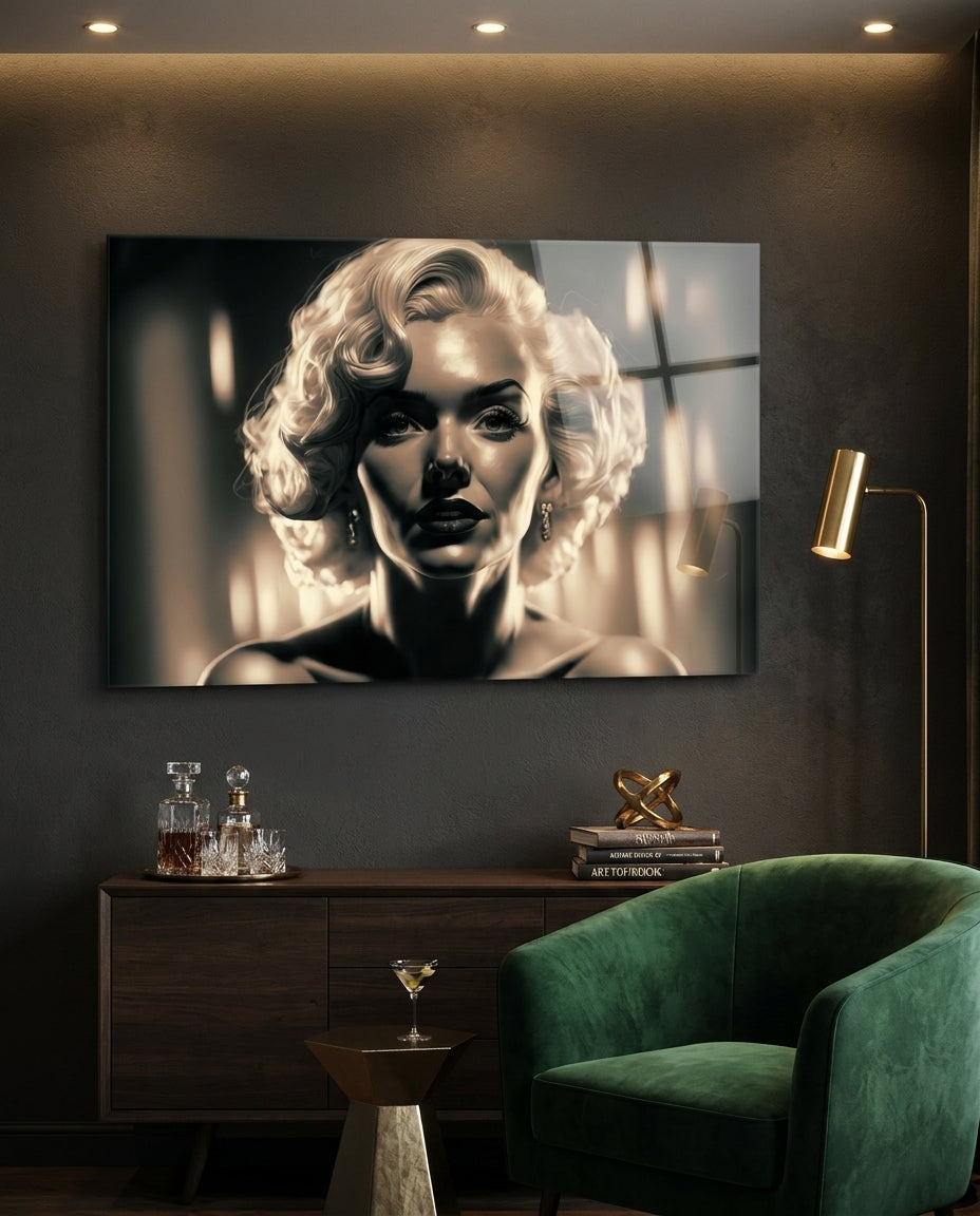 Sepia Glamour Blonde Portrait Glass Wall Art