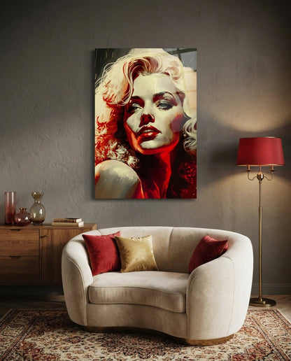Red Glow Blonde Diva Glass Wall Art