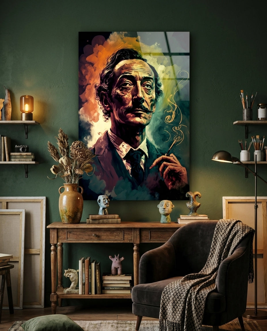Mustached Man With Golden Smoke Swirl Glass Wall Art