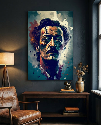 Wild Haired Surreal Man Teal Splatter Glass Wall Art