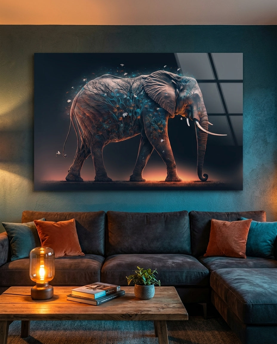 Blue Blossom Branch Walking Elephant Glass Wall Art