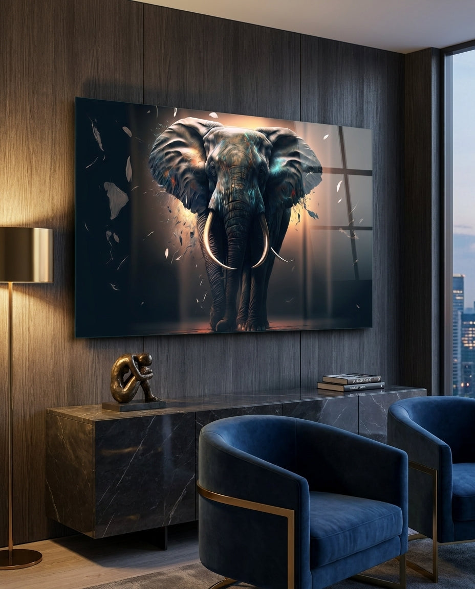 Front Facing Tusker Elephant In Mist Glass Wall Art