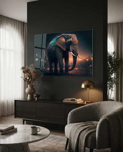 Glowing Ember City Night Elephant Glass Wall Art