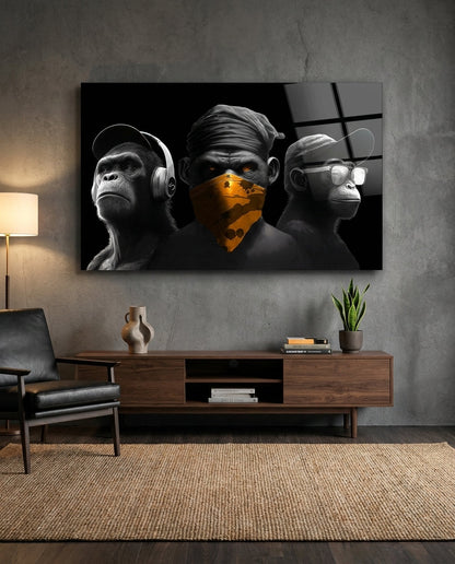 3 Wise Monkeys Chrome Edition Glass Wall Art || Designer Collection