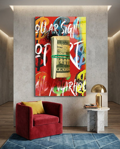 Pop Art Cash Roll Portrait Glass Wall Art || Designer Collection