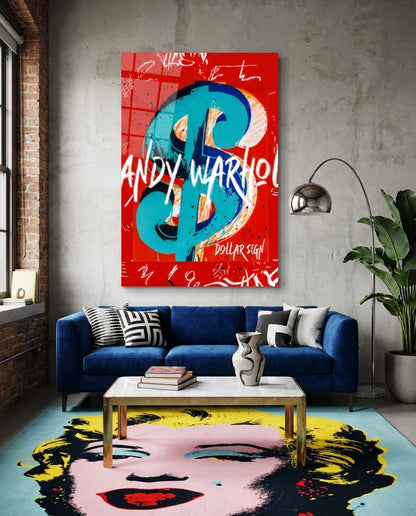 Turquoise Dollar Sign on Red Glass Wall Art