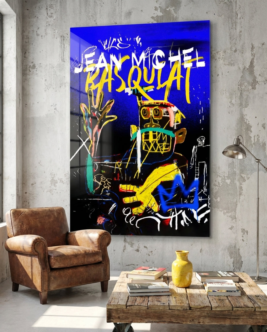 Blue Yellow Masked Figure Glass Wall Art