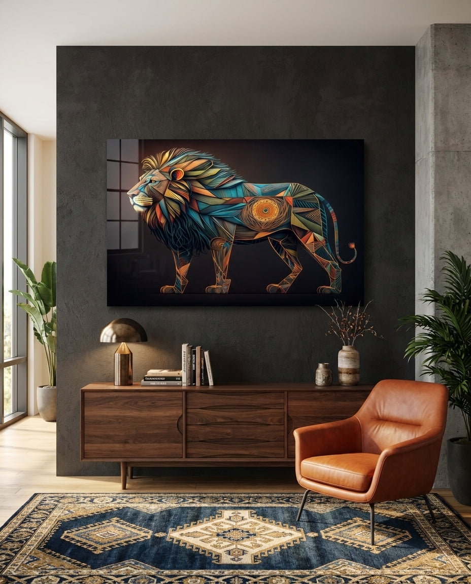 Geometric Mosaic Lion Glass Wall Art
