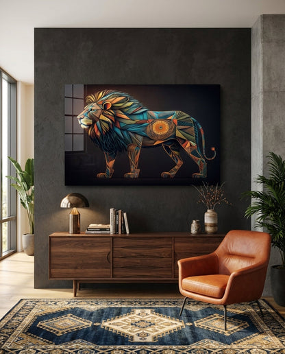 Geometric Mosaic Lion Glass Wall Art