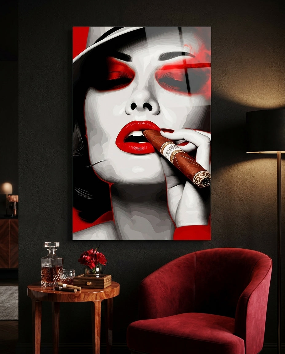 White Hat Red Lips Cigar Lady Glass Wall Art