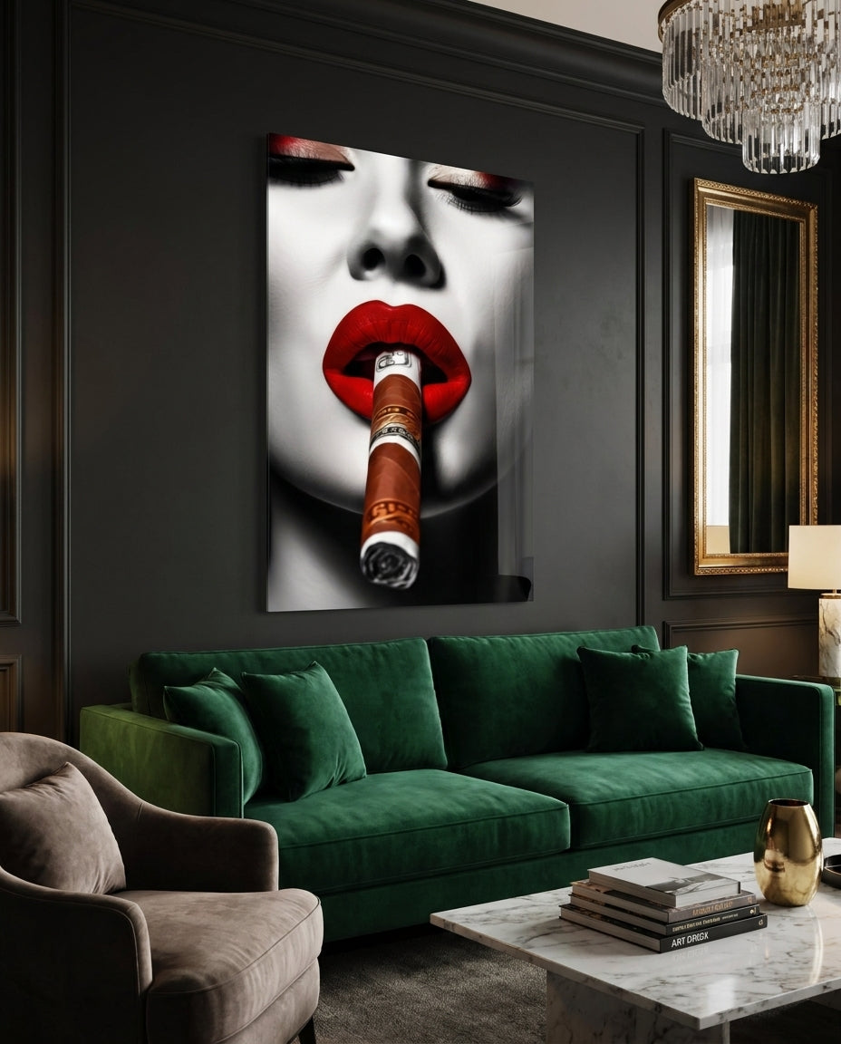 Money Wrapped Cigar Red Lips Glass Wall Art