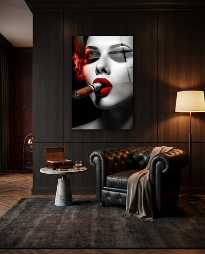 Red Smoke Closed Eyes Cigar Woman Glass Wall Art