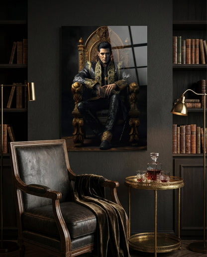 Black Gold Robe King on Throne Glass Wall Art