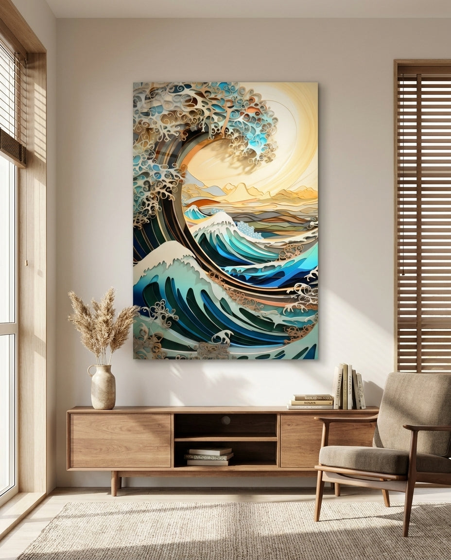Golden Sky Curling Great Wave Glass Wall Art