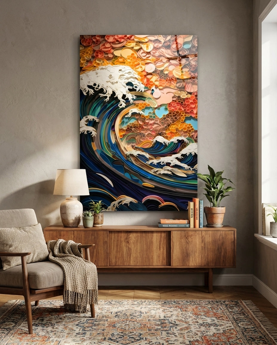 Coral Sunset Quilled Ocean Wave Glass Wall Art