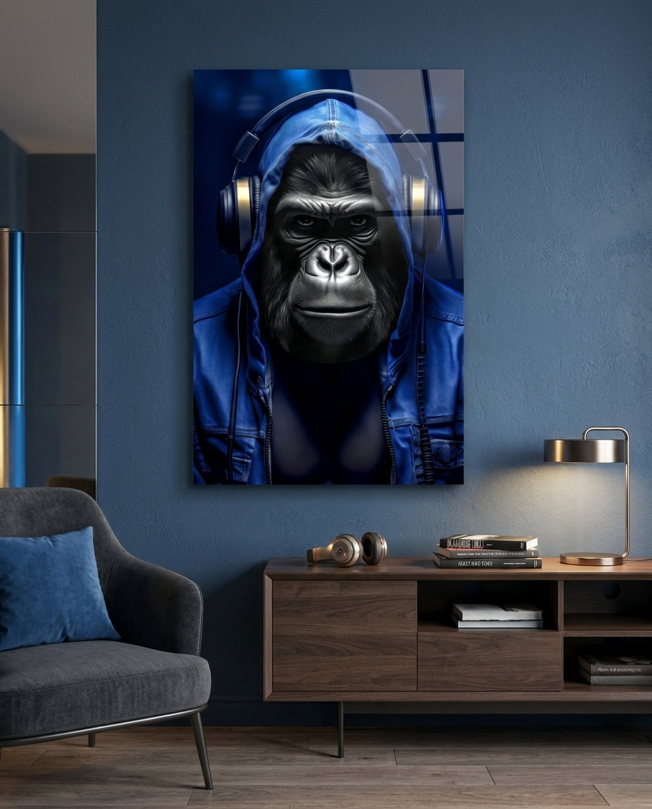 Blue Hoodie Headphones Gorilla Glass Wall Art