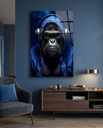 Blue Hoodie Headphones Gorilla Glass Wall Art