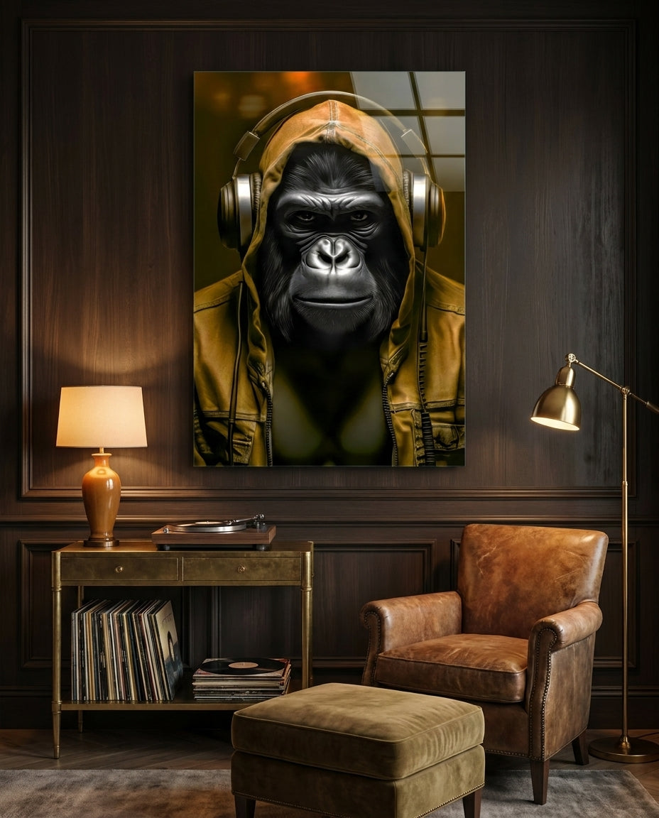 Blue Hoodie Headphones Gorilla Glass Wall Art