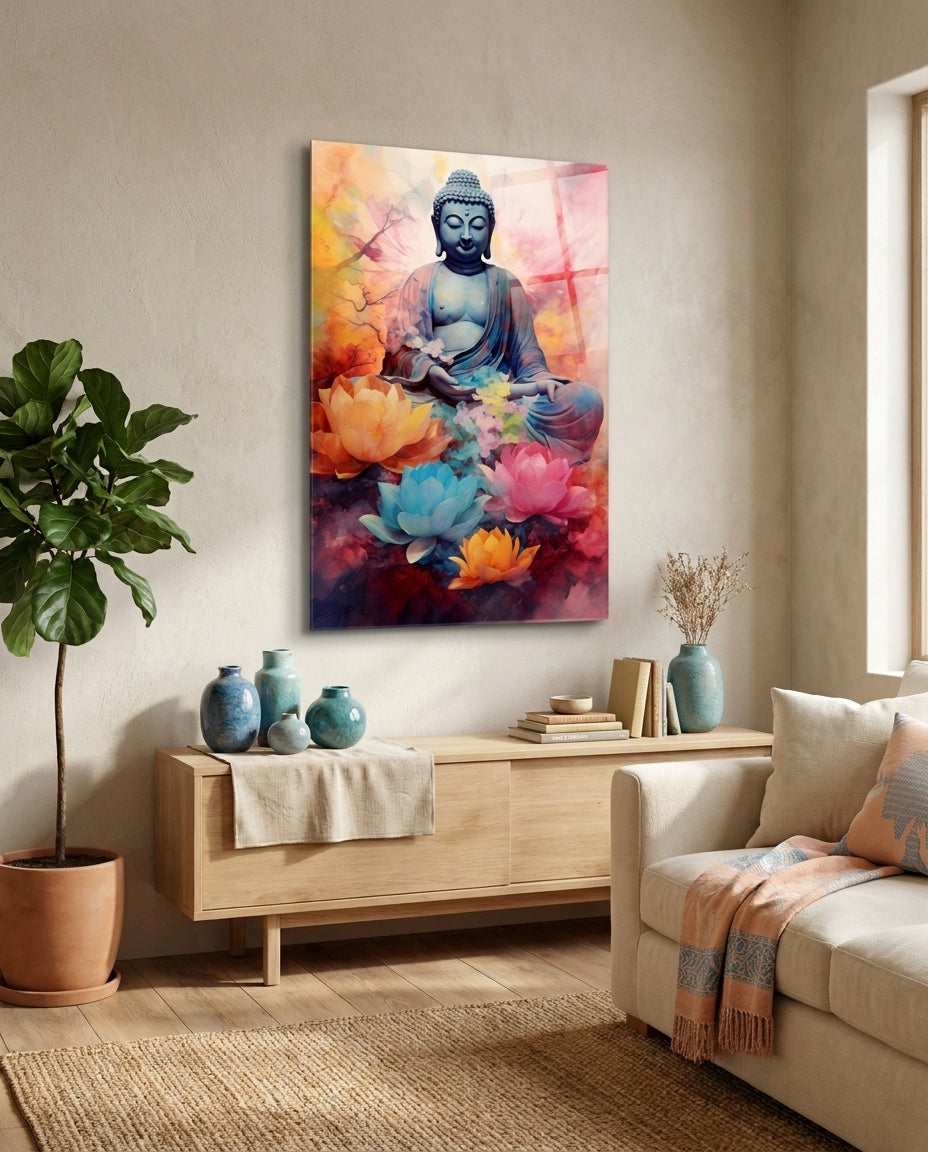 Lotus Blooms Pastel Buddha Glass Wall Art