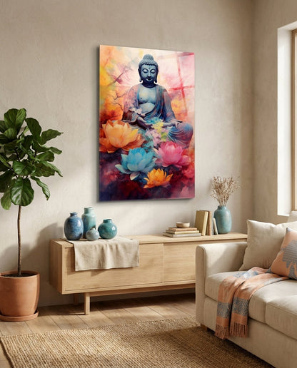 Lotus Blooms Pastel Buddha Glass Wall Art