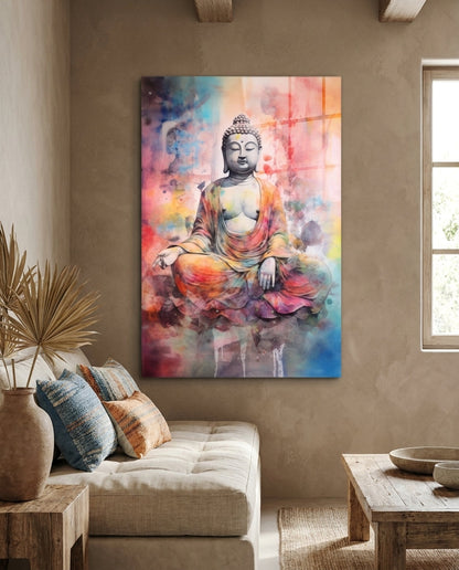 Watercolor Splash Meditating Buddha Glass Wall Art