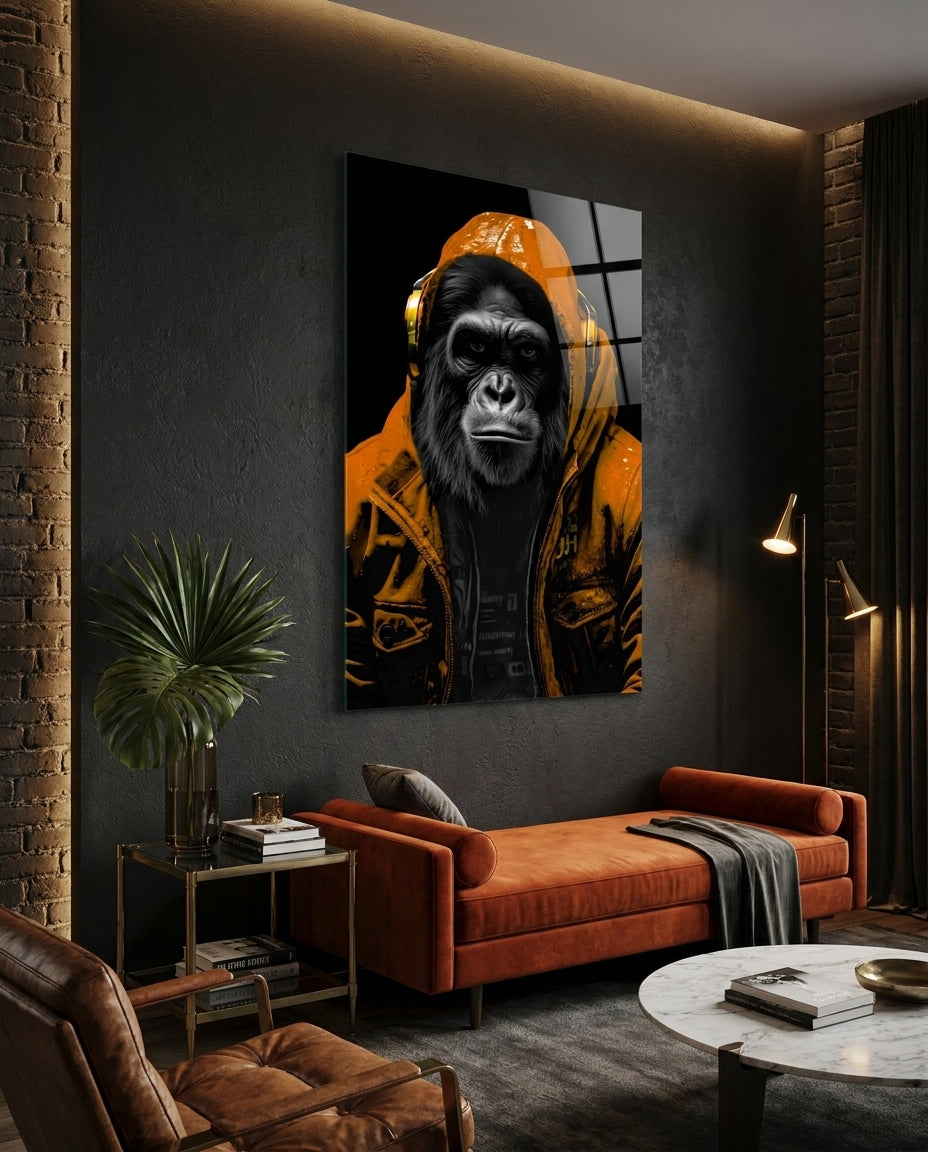 Orange Hooded Gorilla Headphones Glass Wall Art