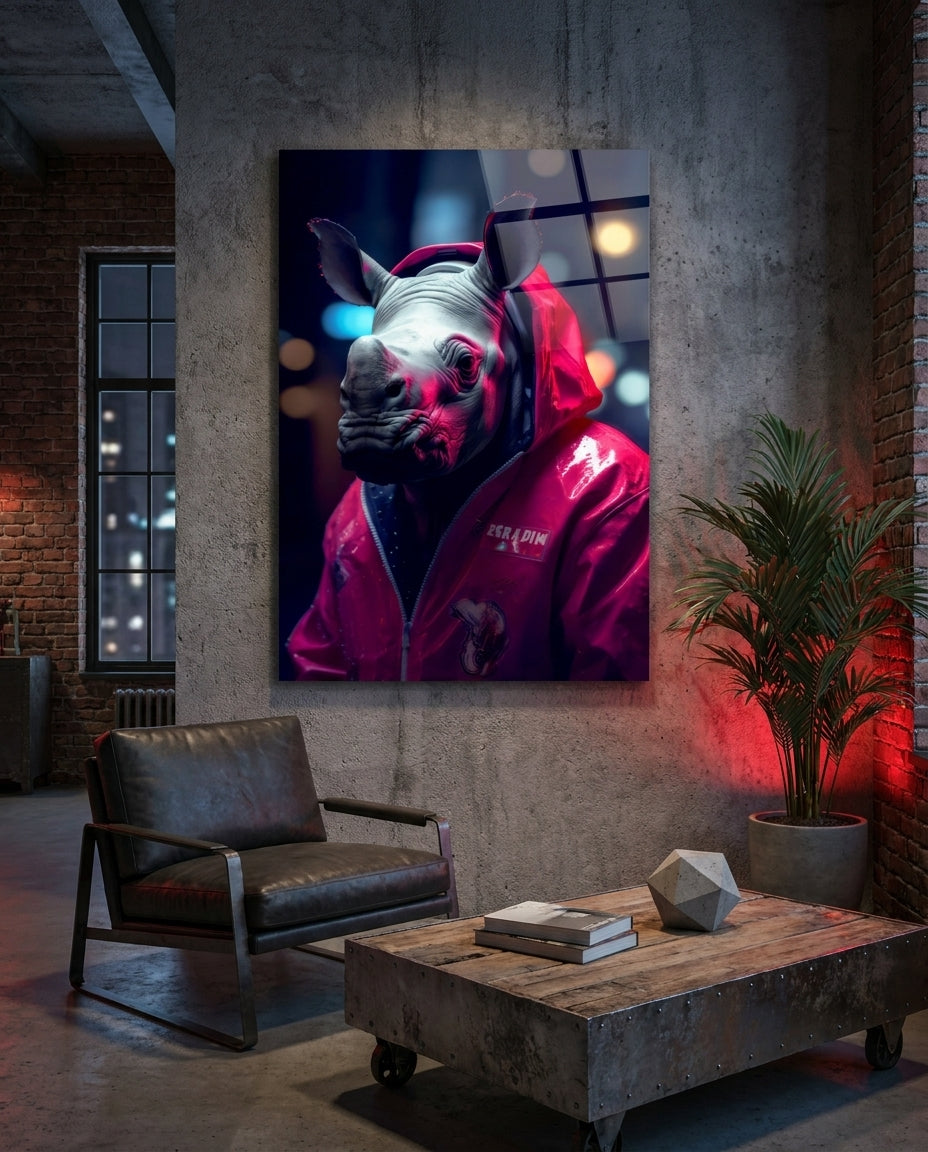 Rhino in Night Glass Wall Art || Designer Collection