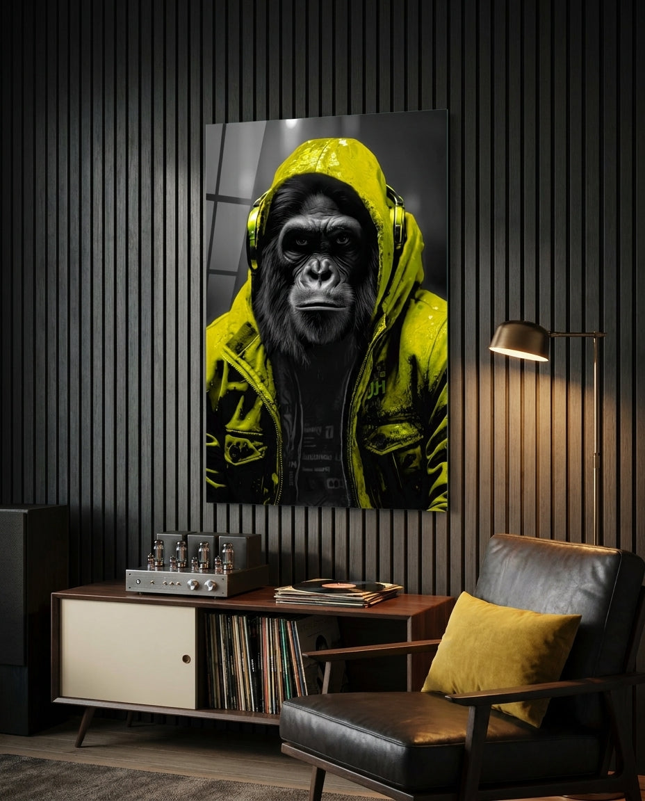 Yellow Raincoat Headphone Gorilla Glass Wall Art