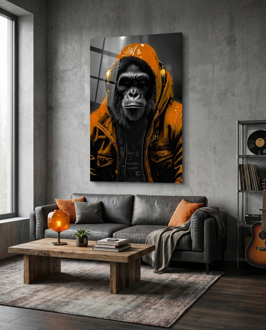 Yellow Raincoat Headphone Gorilla Glass Wall Art