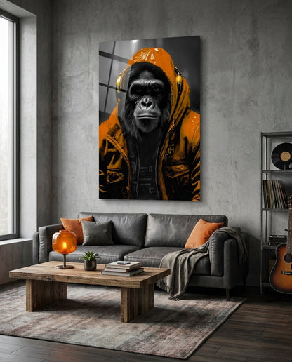 Yellow Raincoat Headphone Gorilla Glass Wall Art