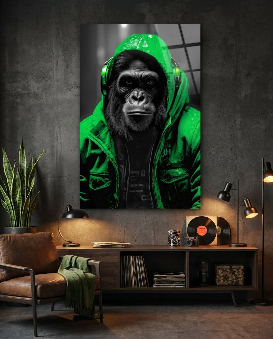 Yellow Raincoat Headphone Gorilla Glass Wall Art