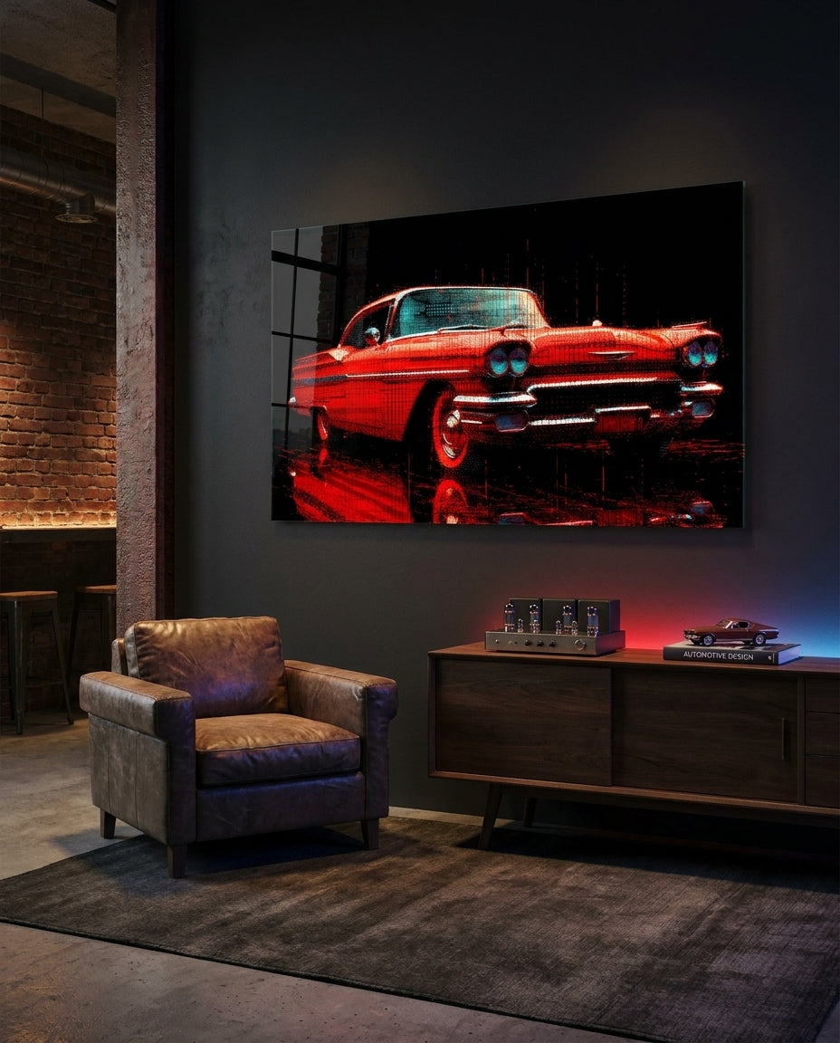 Vintage Red Coupe Glitch Glass Wall Art