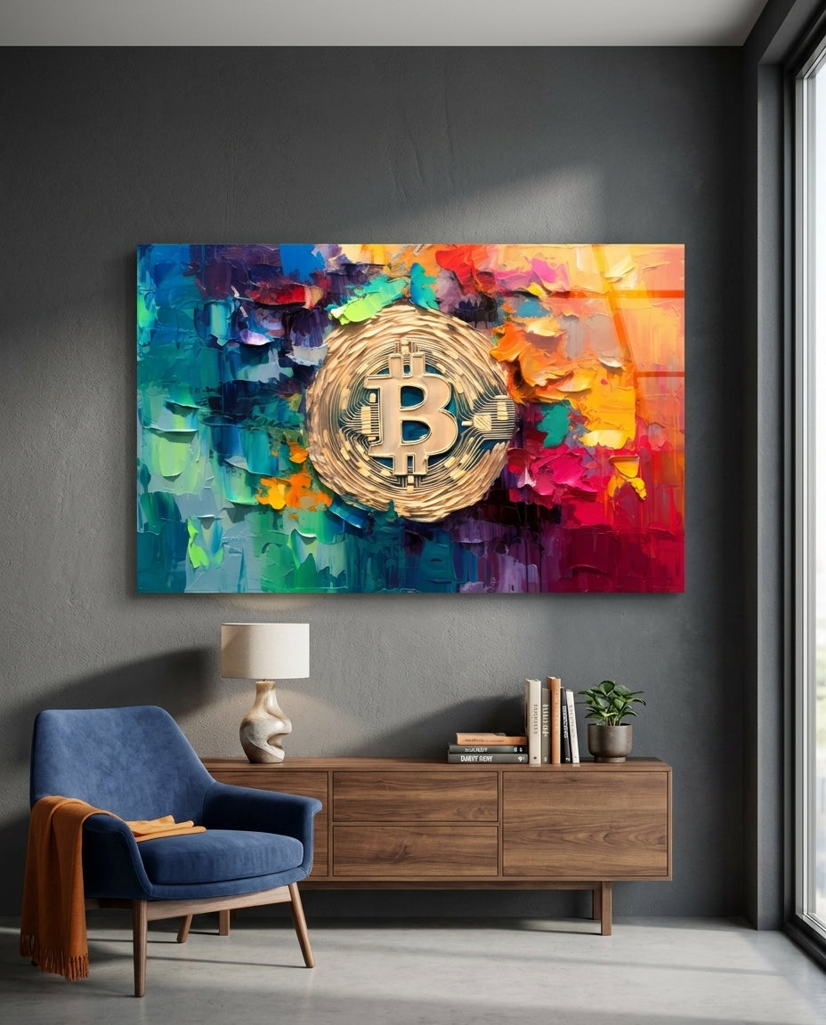 Palette Knife Rainbow Bitcoin Glass Wall Art