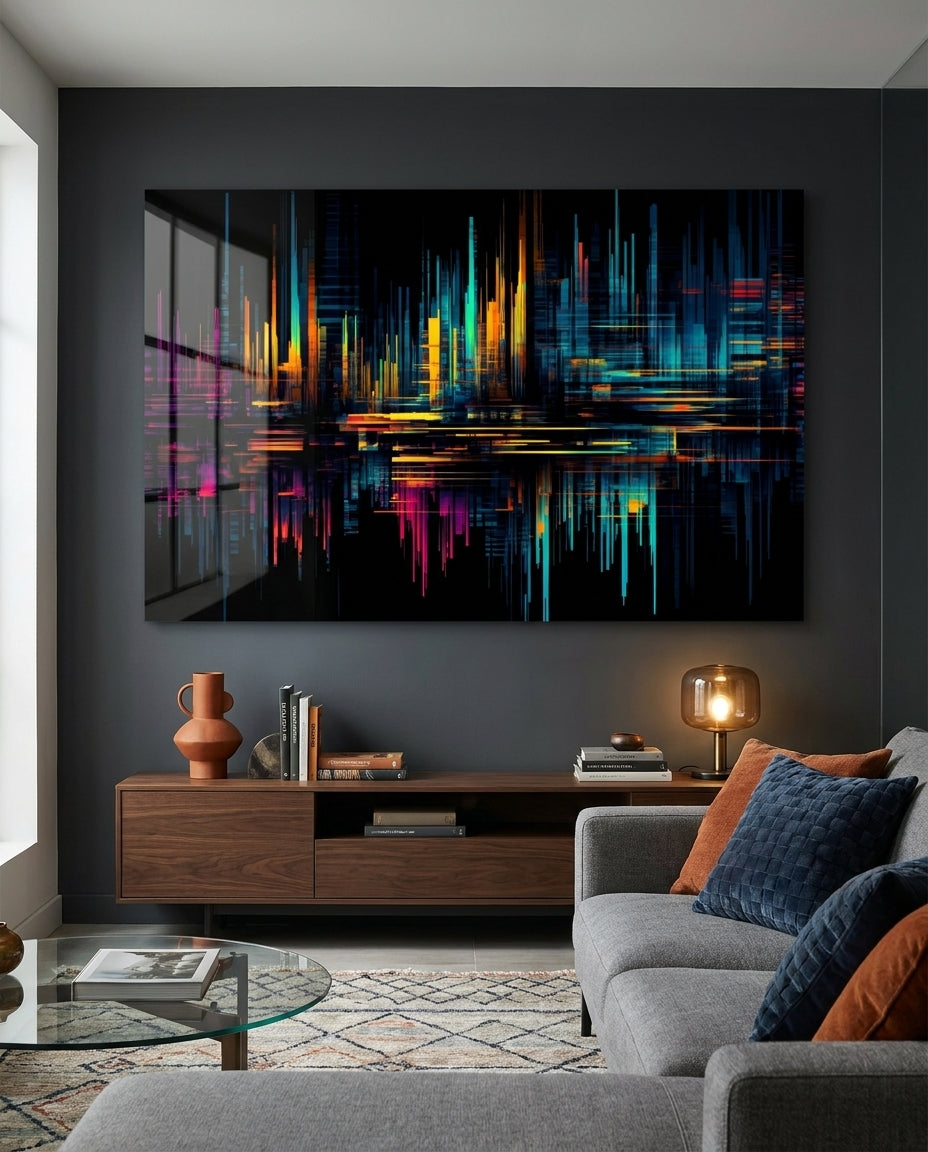 Neon Skyline Light Streaks Glass Wall Art
