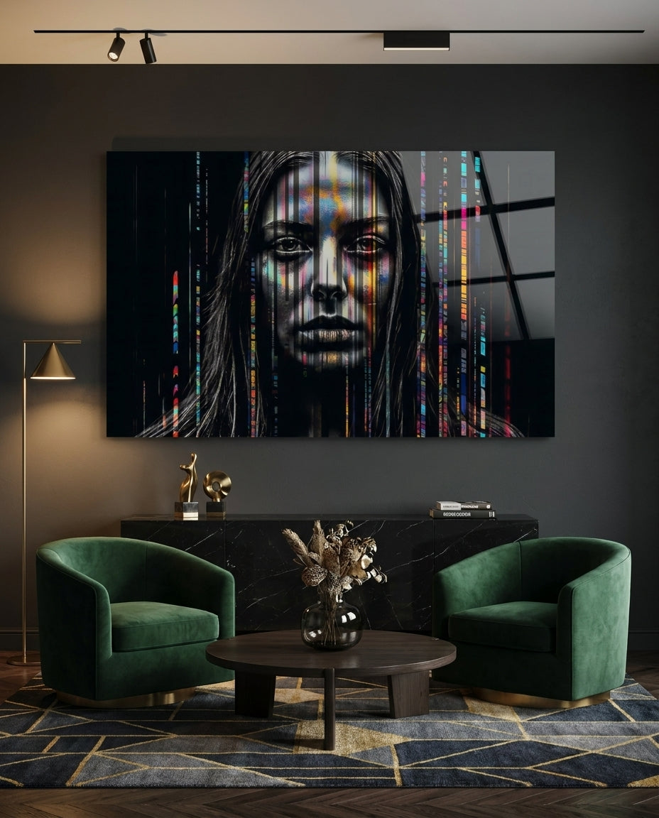 Glitch Stripes Woman Portrait Glass Wall Art