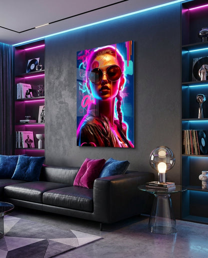 Braided Neon Aviator Woman Glass Wall Art
