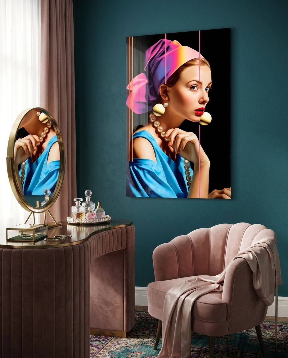 Neon Stripes Girl With A Pearl Earring Glass Wall Art