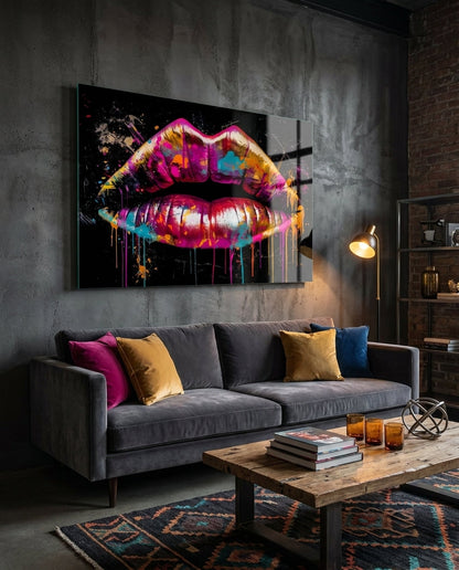 Magenta Paint Drip Lips Glass Wall Art