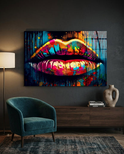 Rainbow Splatter Glossy Lips Glass Wall Art
