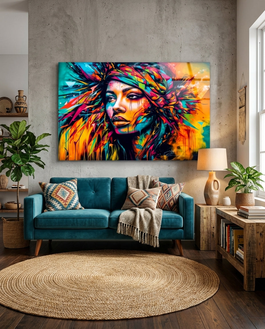 Neon Headwrap Feathered Woman Glass Wall Art