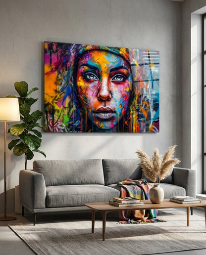 Wide Eyed Paint Splash Woman Glass Wall Art