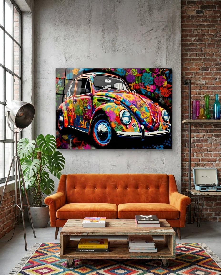 Flowering Retro Camper Van Glass Wall Art || Designer Collection