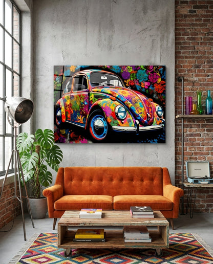 Flowering Retro Camper Van Glass Wall Art || Designer Collection