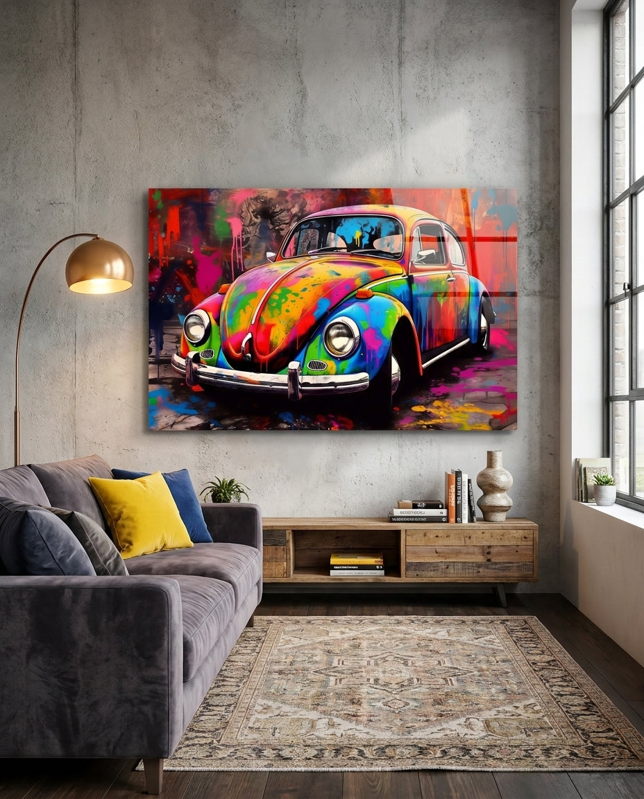 Colorful Retro Camper Van Glass Wall Art || Designer Collection