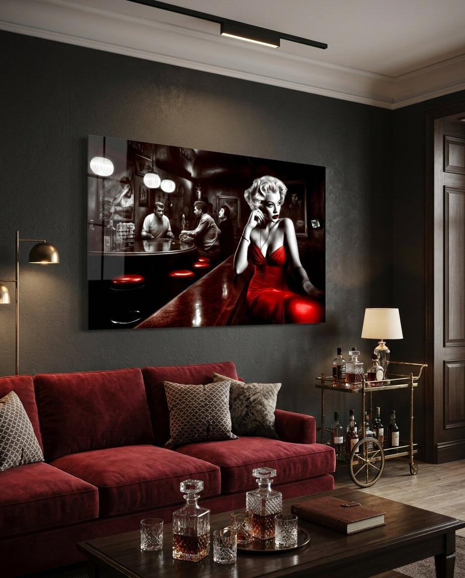Red Dress Blonde on Bar Stool Glass Wall Art