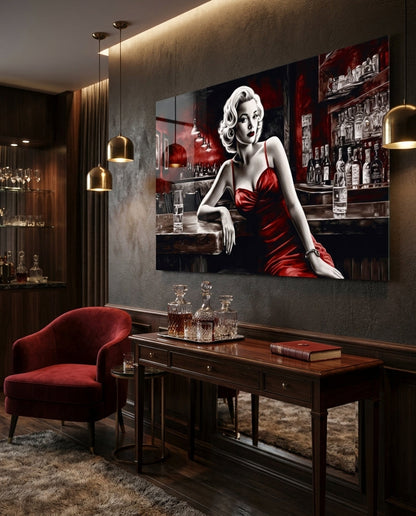 Red Satin Blonde Leaning on Bar Glass Wall Art