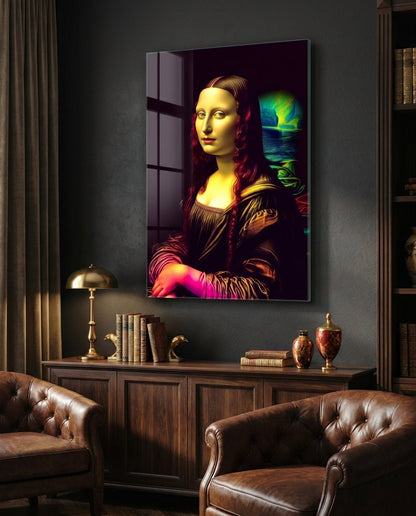 Neon Glow Dark Mona Lisa Glass Wall Art