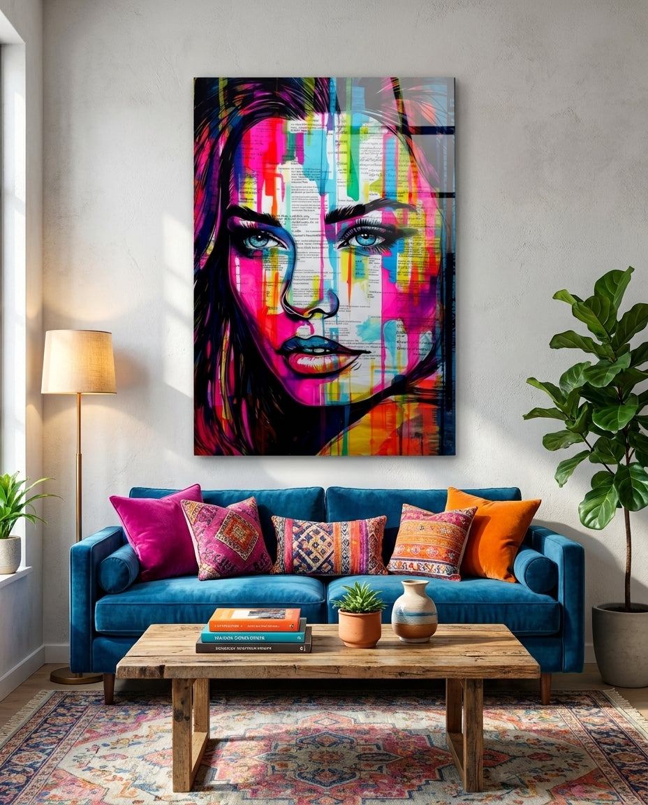 Newsprint Drip Rainbow Woman Glass Wall Art