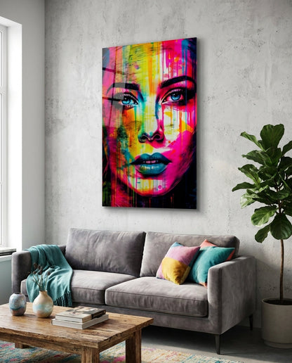Neon Pink Stripe Bold Brow Woman Glass Wall Art