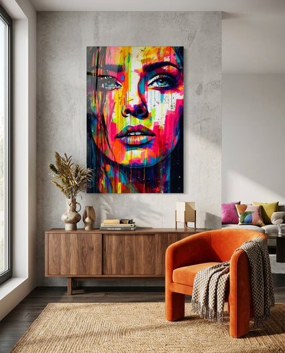 Colorful Drip Tilted Gaze Woman Glass Wall Art